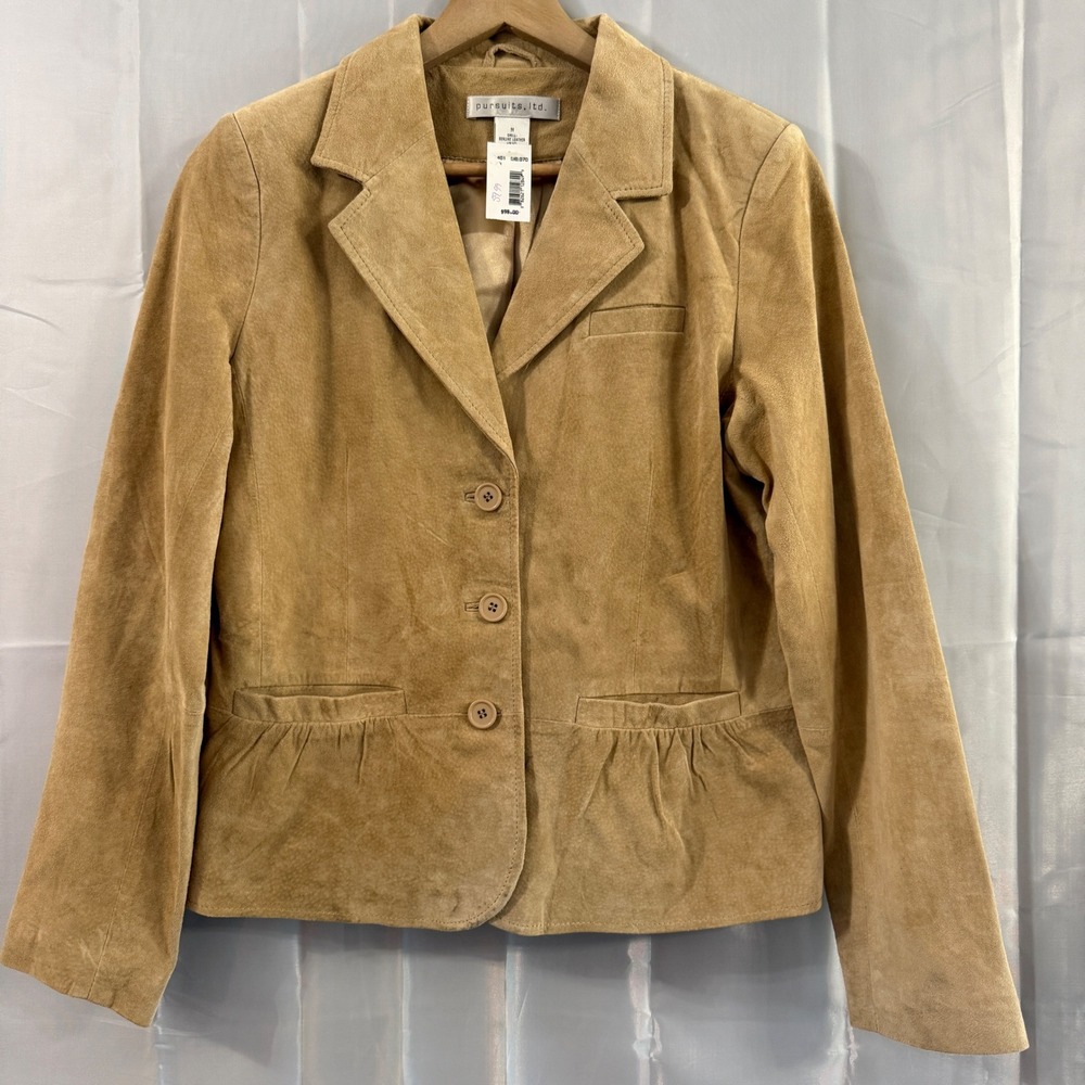 Vintage Y2K Womans Tan Genuine Suede Leather Blazer Jacket Coat Camel M New